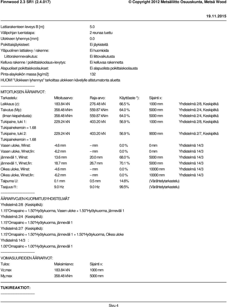 Alapuoliset poikittaiskoolaukset: Ei alapuolista poikittaiskoolausta Pinta-alayksikön massa [kg/m2]: 132 HUOM!