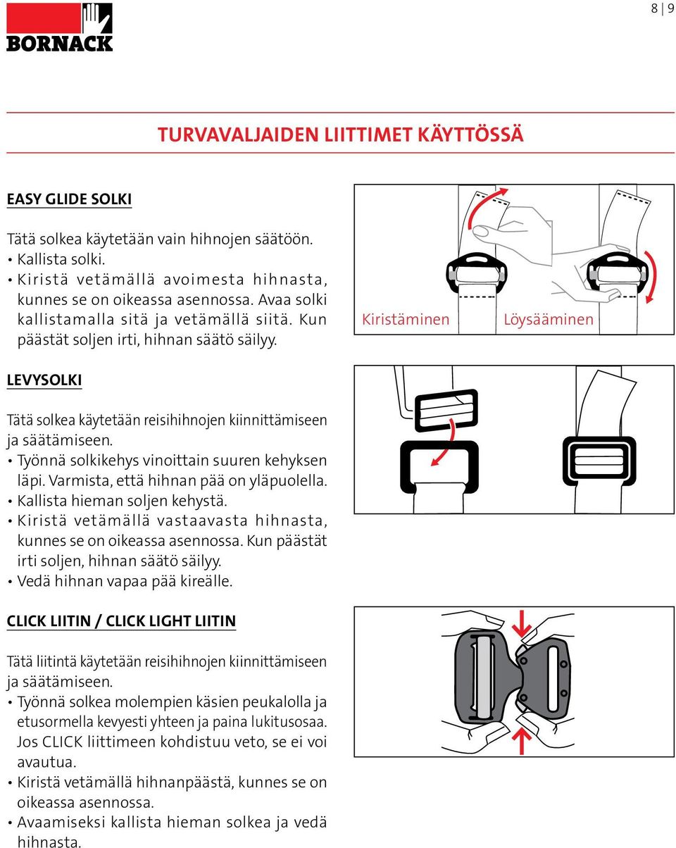 Työnnä solkikehys vinoittain suuren kehyksen läpi. Varmista, että hihnan pää on yläpuolella. Kallista hieman soljen kehystä. Kiristä vetämällä vastaavasta hihnasta, kunnes se on oikeassa asennossa.