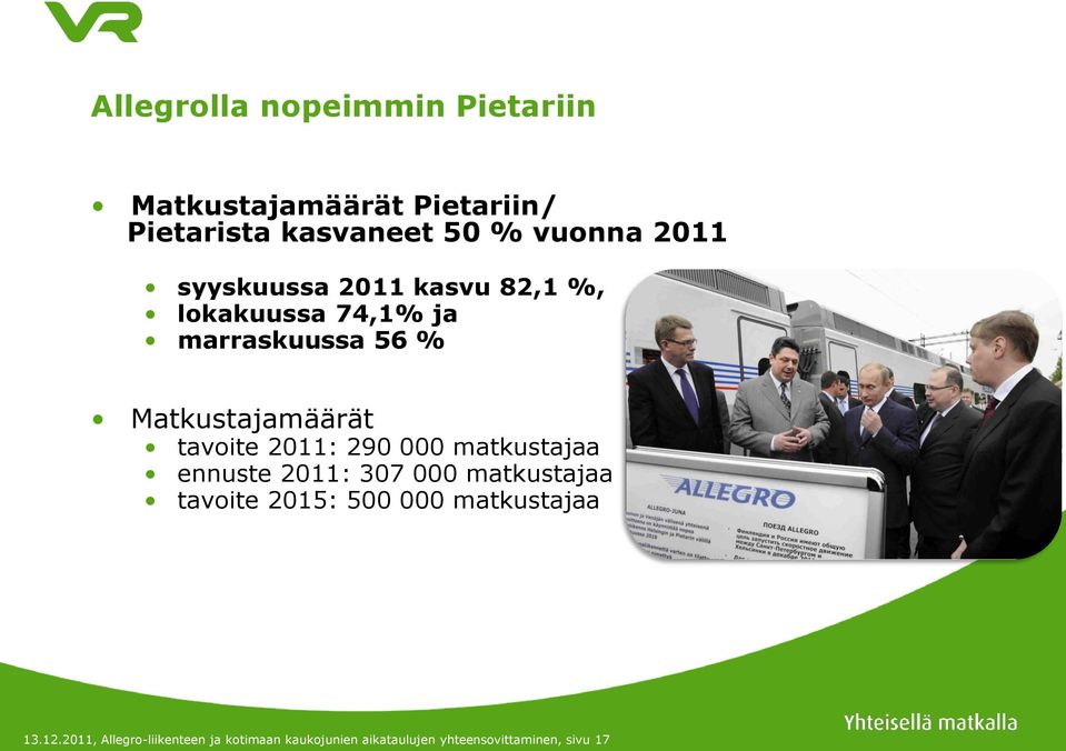 tavoite 2011: 290 000 matkustajaa ennuste 2011: 307 000 matkustajaa tavoite 2015: 500 000