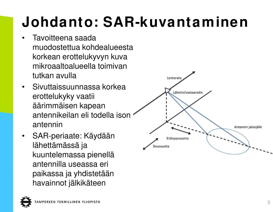 äärimmäisen kapean antennikeilan eli todella ison antennin SAR-periaate: Käydään lähettämässä