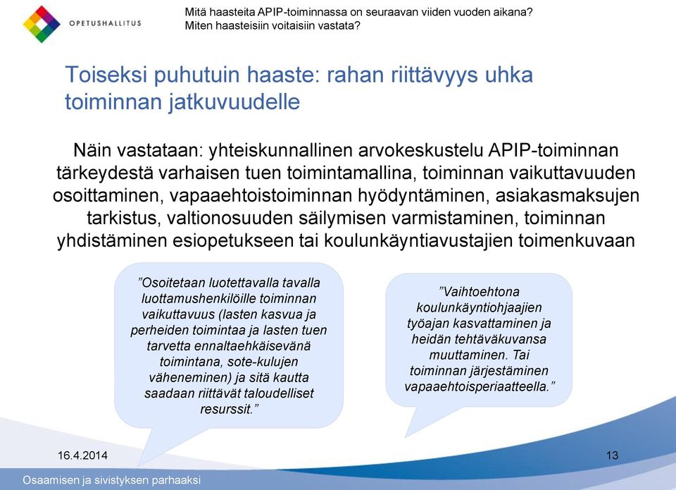 vaikuttavuuden osoittaminen, vapaaehtoistoiminnan hyödyntäminen, asiakasmaksujen tarkistus, valtionosuuden säilymisen varmistaminen, toiminnan yhdistäminen esiopetukseen tai koulunkäyntiavustajien