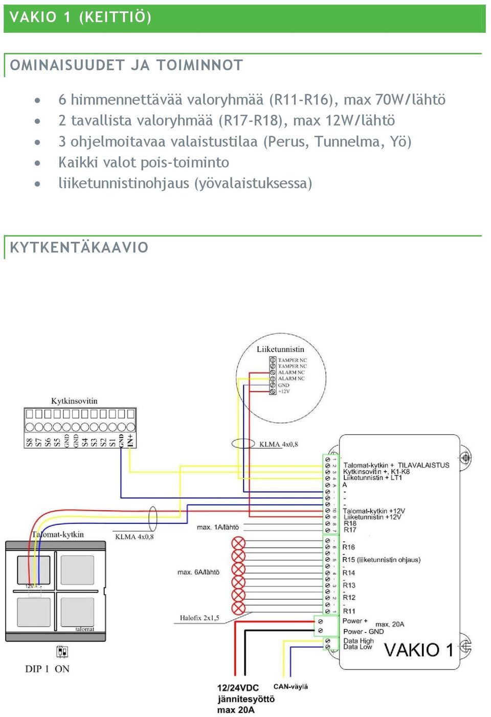 max 12W/lähtö 3 ohjelmoitavaa valaistustilaa (Perus, Tunnelma, Yö)