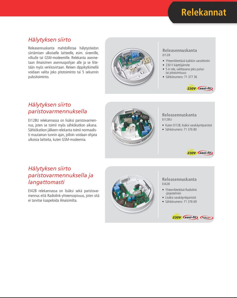 Releasennuskanta EI128 Yhteenliitettävä kaikkiin varoittimiin 230 V käyttöjännite 5 A rele, valittavana joko pulssitai pitotoimisuus Sähkönumero: 71 377 36 Hälytyksen siirto paristovarmennuksella