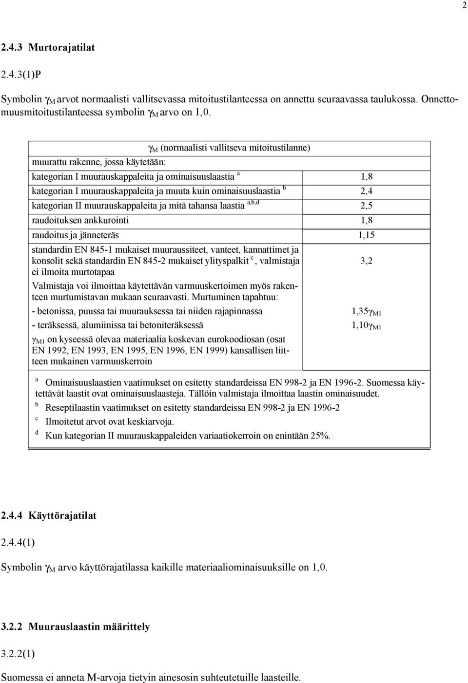 ominaisuuslaastia b 2,4 kategorian II muurauskappaleita ja mitä tahansa laastia a,b,d 2,5 raudoituksen ankkurointi 1,8 raudoitus ja jänneteräs 1,15 standardin EN 845 1 mukaiset muuraussiteet,