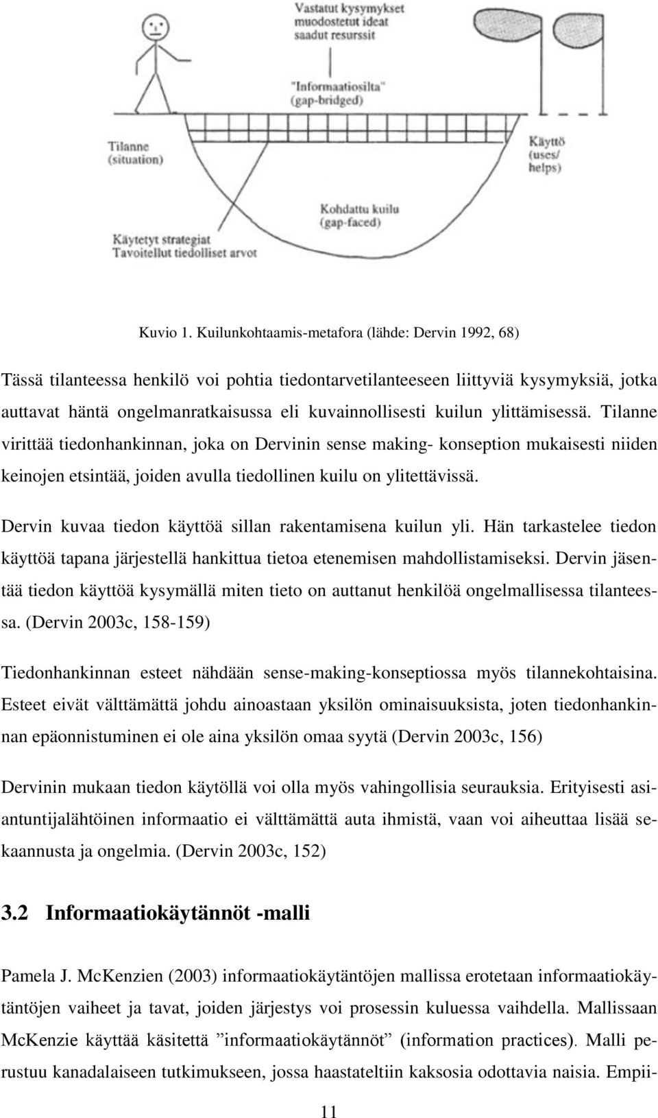 kuilun ylittämisessä. Tilanne virittää tiedonhankinnan, joka on Dervinin sense making- konseption mukaisesti niiden keinojen etsintää, joiden avulla tiedollinen kuilu on ylitettävissä.