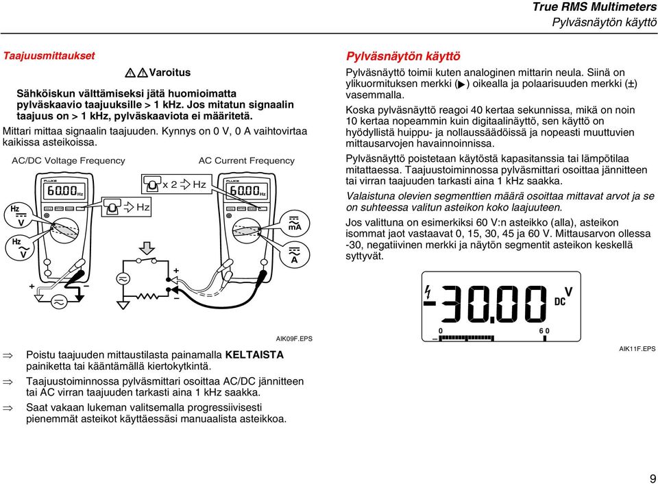 AC/DC Voltage Frequency V V x 2 AC Current Frequency Hz ma A Pylväsnäytön käyttö Pylväsnäyttö toimii kuten analoginen mittarin neula.