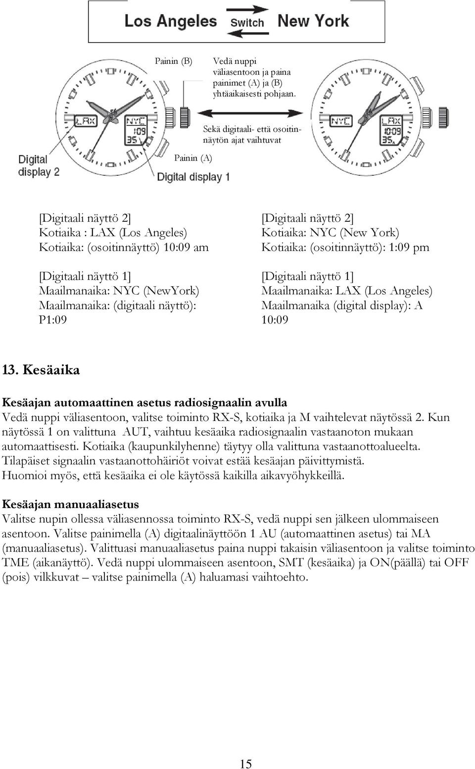 Maailmanaika: (digitaali näyttö): P1:09 [Digitaali näyttö 2] Kotiaika: NYC (New York) Kotiaika: (osoitinnäyttö): 1:09 pm [Digitaali näyttö 1] Maailmanaika: LAX (Los Angeles) Maailmanaika (digital