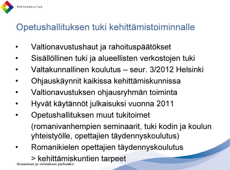 3/2012 Helsinki Ohjauskäynnit kaikissa kehittämiskunnissa Valtionavustuksen ohjausryhmän toiminta Hyvät käytännöt julkaisuksi