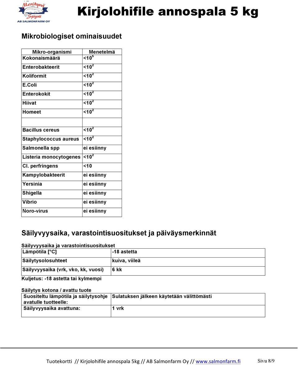 perfringens <10 Kampylobakteerit ei esiinny Yersinia ei esiinny Shigella ei esiinny Vibrio ei esiinny Noro-virus ei esiinny Säilyvyysaika, varastointisuositukset ja päiväysmerkinnät Säilyvyysaika ja