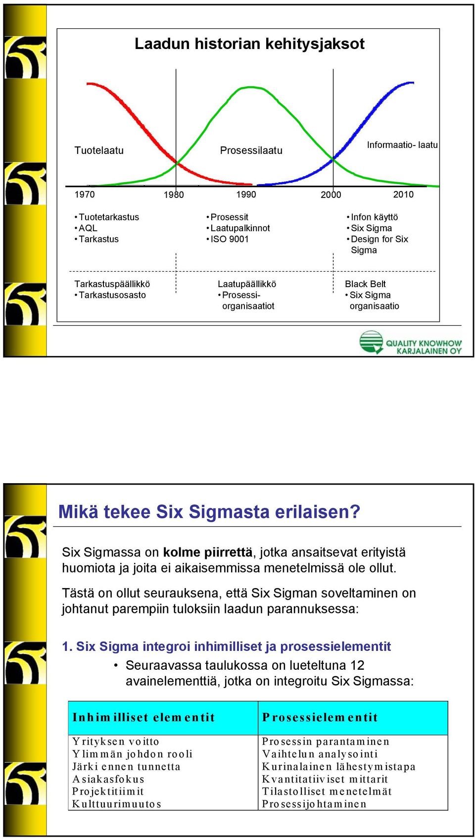Six Sigmassa on kolme piirrettä, jotka ansaitsevat erityistä huomiota ja joita ei aikaisemmissa menetelmissä ole ollut.