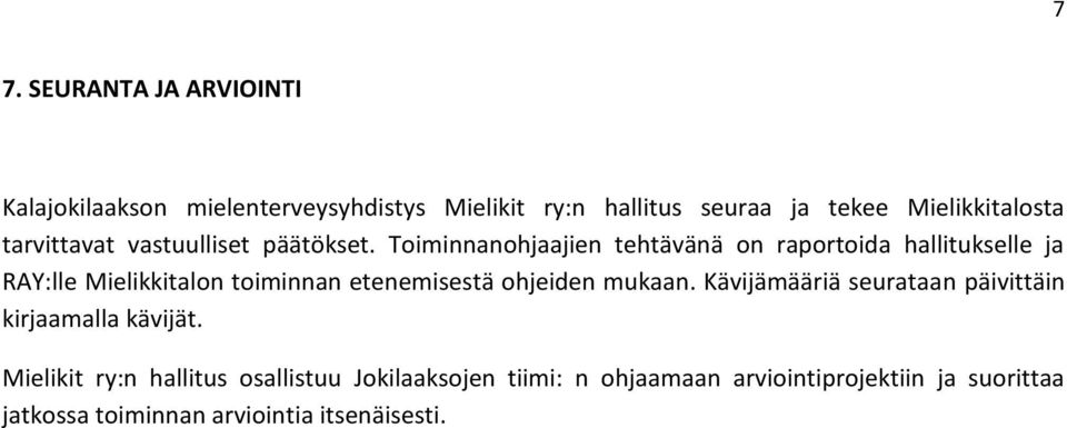 Toiminnanohjaajien tehtävänä on raportoida hallitukselle ja RAY:lle Mielikkitalon toiminnan etenemisestä ohjeiden