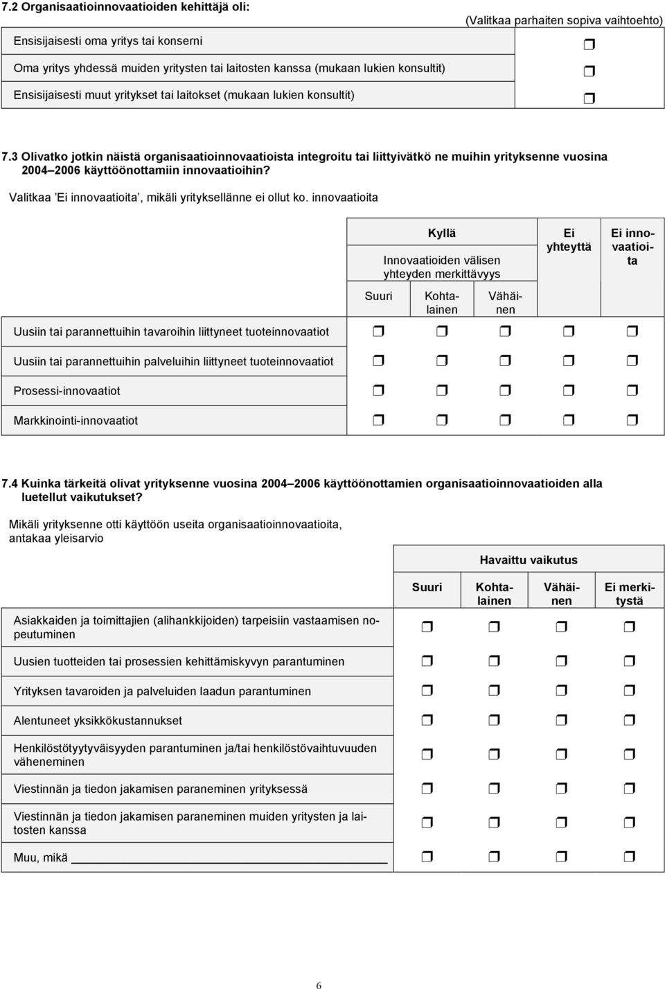 3 Olivatko jotkin näistä organisaatioinnovaatioista integroitu tai liittyivätkö ne muihin yrityksenne vuosina 2004 2006 käyttöönottamiin innovaatioihin?