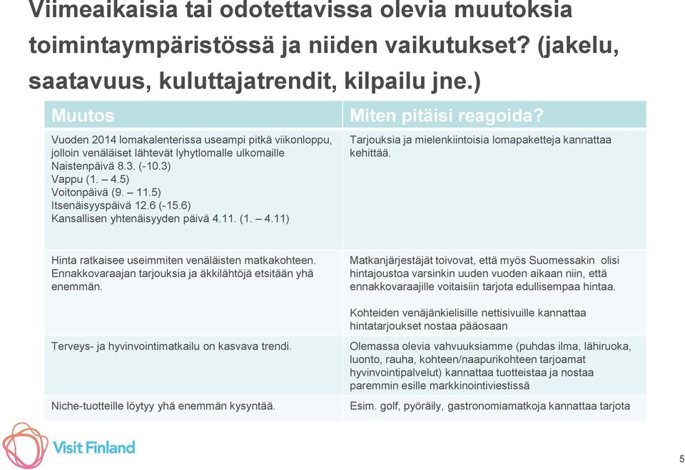 6 (-15.6) Kansallisen yhtenäisyyden päivä 4.11. (1. 4.11) Miten pitäisi reagoida? Tarjouksia ja mielenkiintoisia lomapaketteja kannattaa kehittää. Hinta ratkaisee useimmiten venäläisten matkakohteen.