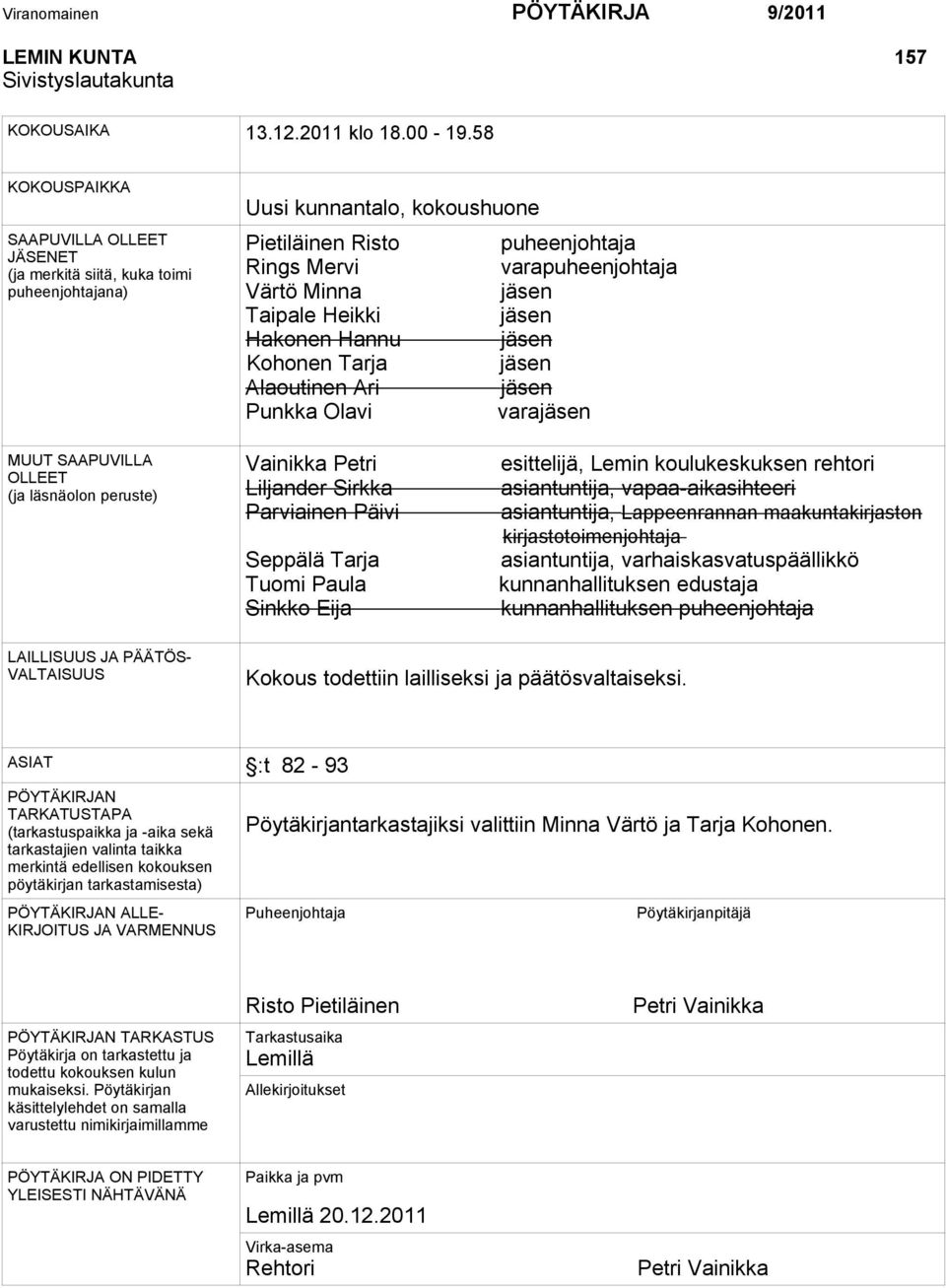 Taipale Heikki jäsen Hakonen Hannu jäsen Kohonen Tarja jäsen Alaoutinen Ari jäsen Punkka Olavi varajäsen MUUT SAAPUVILLA OLLEET (ja läsnäolon peruste) Vainikka Petri Liljander Sirkka Parviainen Päivi