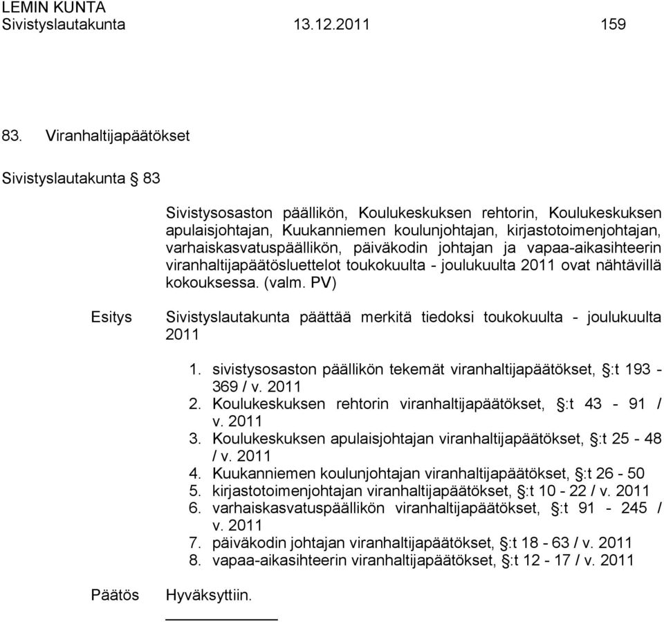 varhaiskasvatuspäällikön, päiväkodin johtajan ja vapaa-aikasihteerin viranhaltijapäätösluettelot toukokuulta - joulukuulta 2011 ovat nähtävillä kokouksessa. (valm.