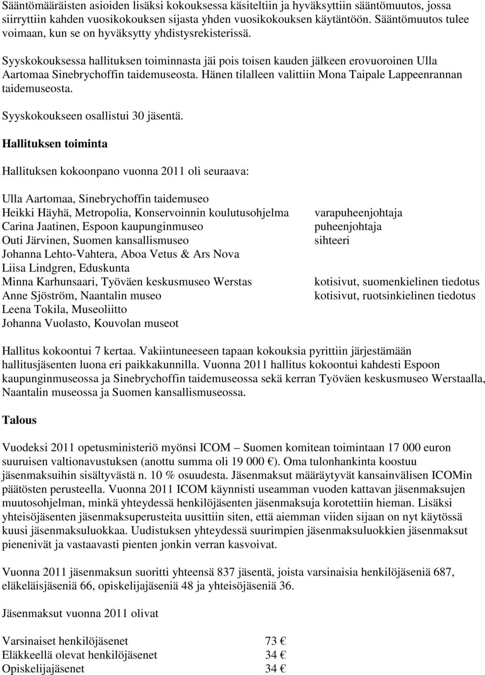 Hänen tilalleen valittiin Mona Taipale Lappeenrannan taidemuseosta. Syyskokoukseen osallistui 30 jäsentä.