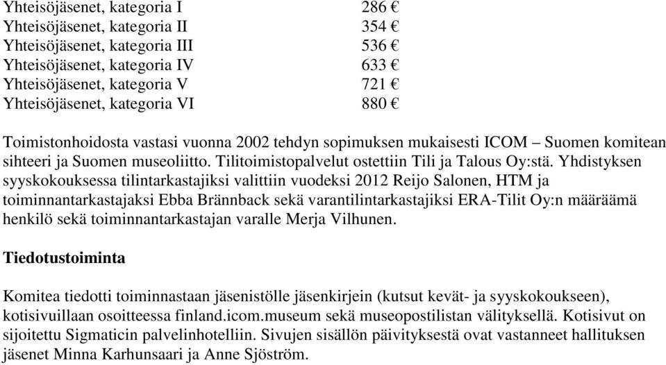 Yhdistyksen syyskokouksessa tilintarkastajiksi valittiin vuodeksi 2012 Reijo Salonen, HTM ja toiminnantarkastajaksi Ebba Brännback sekä varantilintarkastajiksi ERA-Tilit Oy:n määräämä henkilö sekä