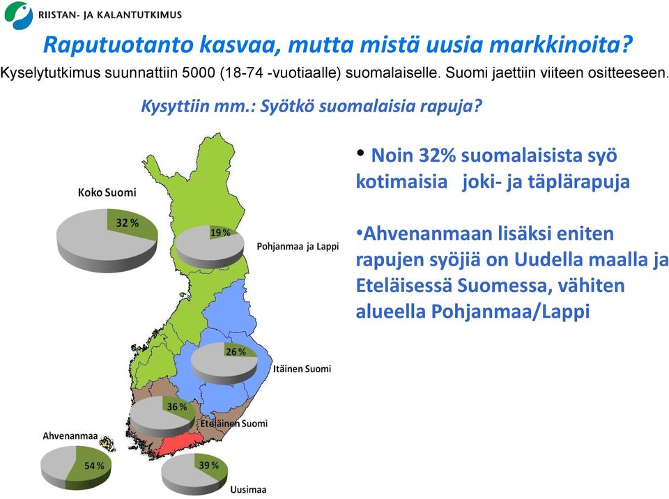 Suomi jaettiin viiteen ositteeseen. Kysyttiin mm.: Syötkö suomalaisia rapuja?