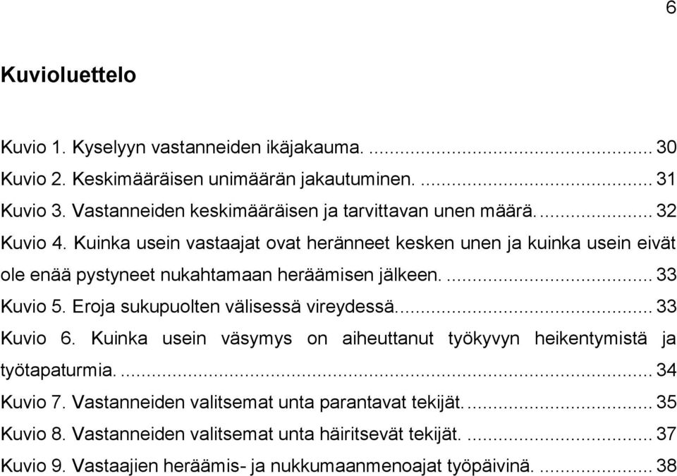 Kuinka usein vastaajat ovat heränneet kesken unen ja kuinka usein eivät ole enää pystyneet nukahtamaan heräämisen jälkeen.... 33 Kuvio 5.