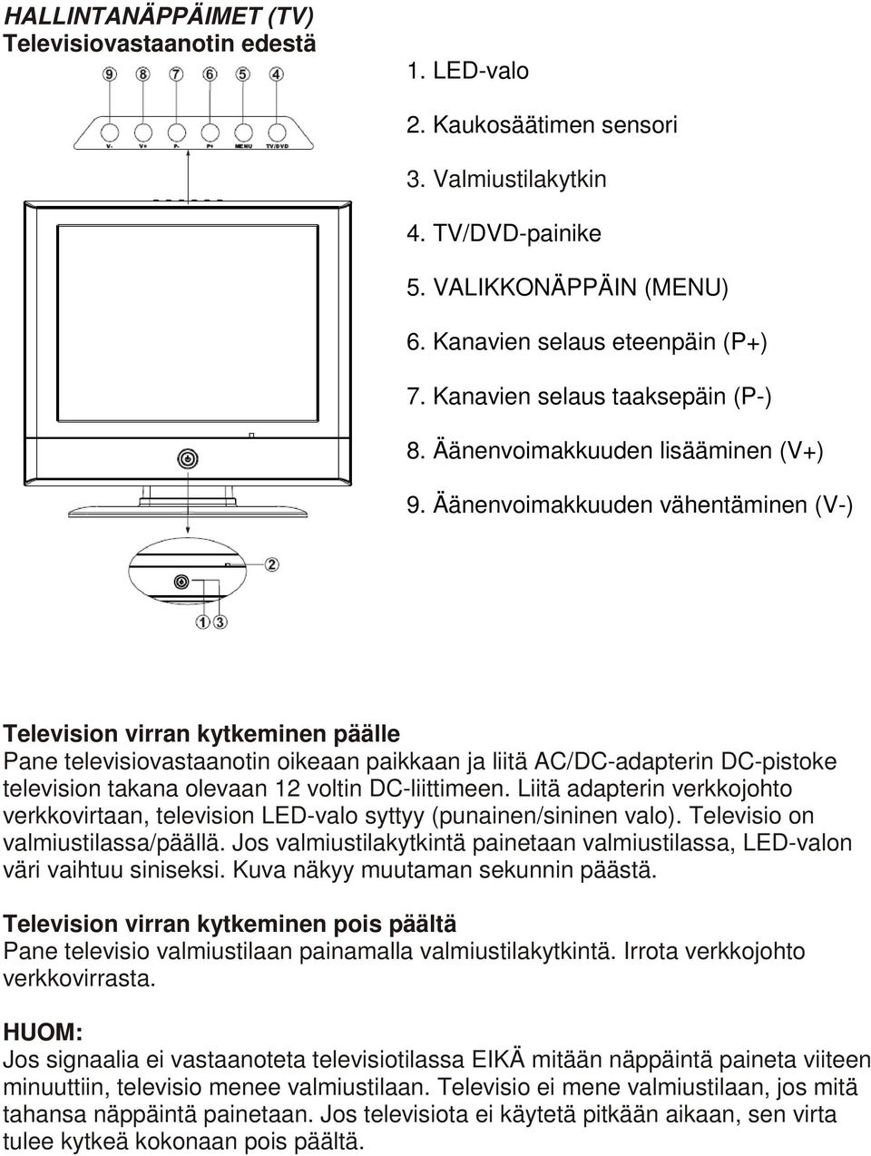 Äänenvoimakkuuden vähentäminen (V-) Television virran kytkeminen päälle Pane televisiovastaanotin oikeaan paikkaan ja liitä AC/DC-adapterin DC-pistoke television takana olevaan 12 voltin