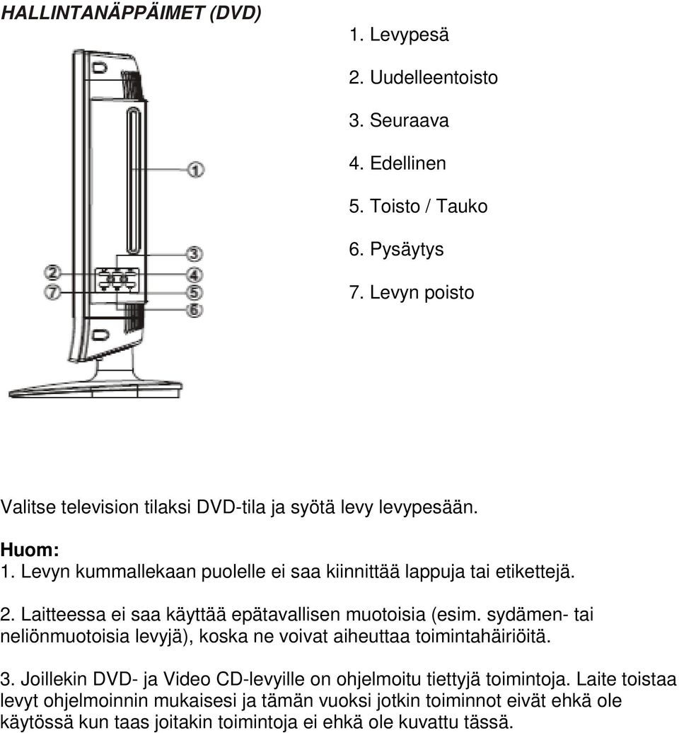 Laitteessa ei saa käyttää epätavallisen muotoisia (esim. sydämen- tai neliönmuotoisia levyjä), koska ne voivat aiheuttaa toimintahäiriöitä. 3.