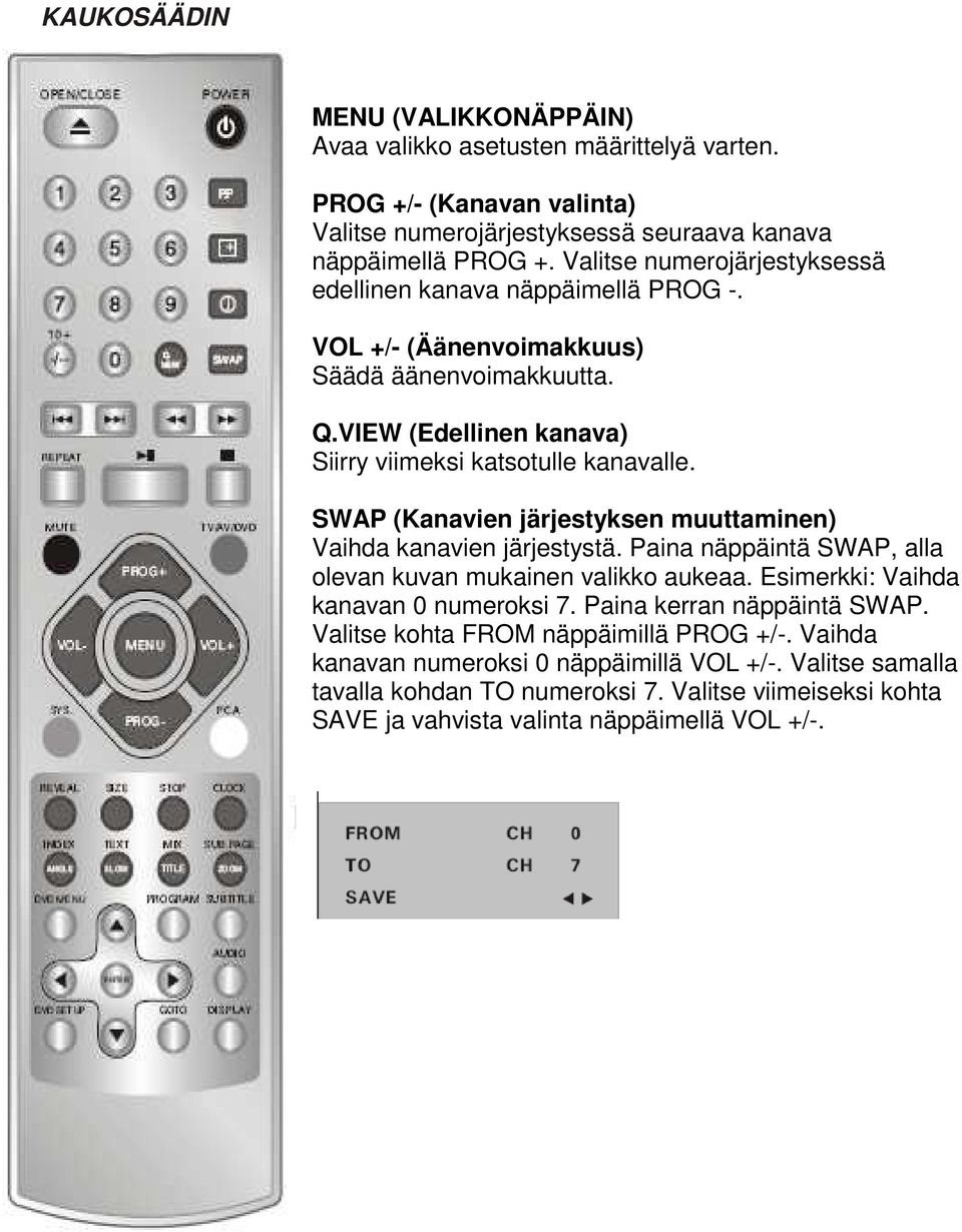 SWAP (Kanavien järjestyksen muuttaminen) Vaihda kanavien järjestystä. Paina näppäintä SWAP, alla olevan kuvan mukainen valikko aukeaa. Esimerkki: Vaihda kanavan 0 numeroksi 7.