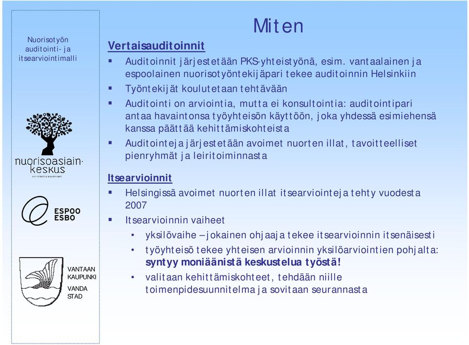 työyhteisön käyttöön, joka yhdessä esimiehensä kanssa päättää kehittämiskohteista Auditointeja järjestetään avoimet nuorten illat, tavoitteelliset pienryhmät ja leiritoiminnasta Itsearvioinnit