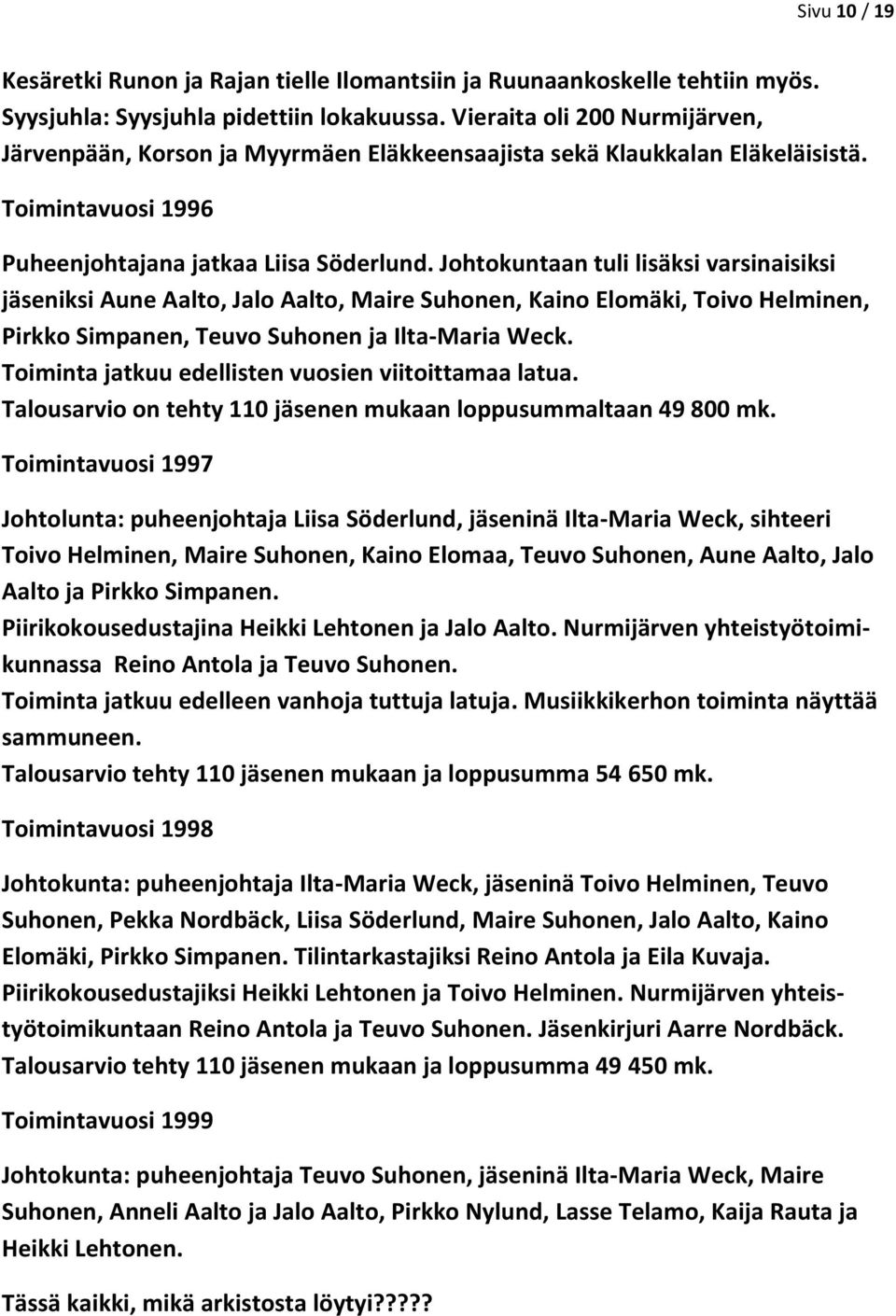 Johtokuntaan tuli lisäksi varsinaisiksi jäseniksi Aune Aalto, Jalo Aalto, Maire Suhonen, Kaino Elomäki, Toivo Helminen, Pirkko Simpanen, Teuvo Suhonen ja Ilta-Maria Weck.