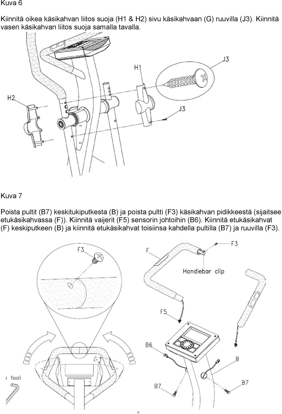 Kuva 7 Poista pultit (B7) keskitukiputkesta (B) ja poista pultti (F3) käsikahvan pidikkeestä (sijaitsee