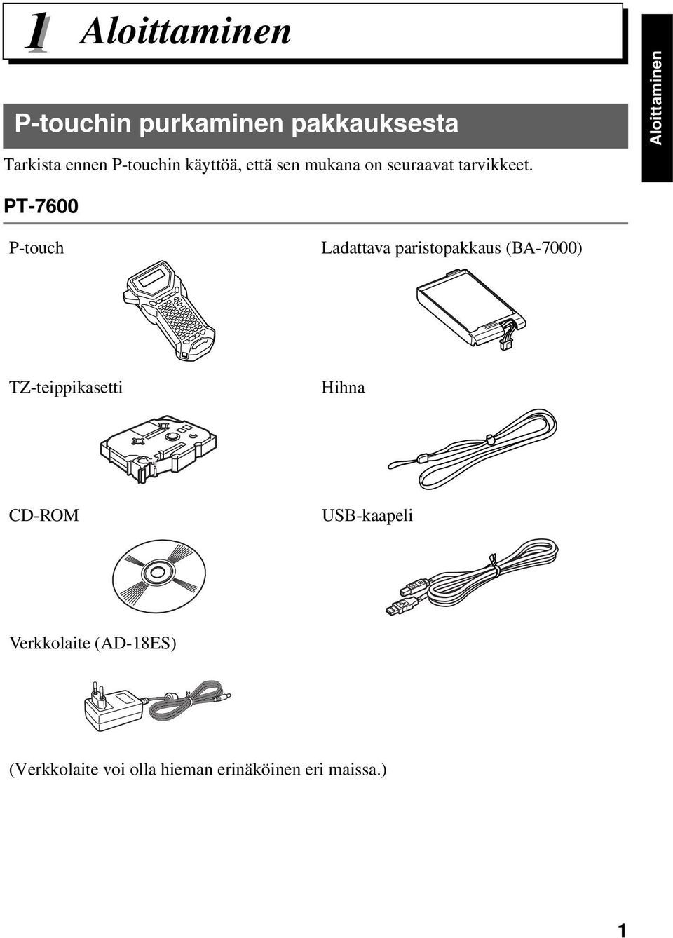 Aloittaminen PT-7600 P-touch Ladattava paristopakkaus (BA-7000)