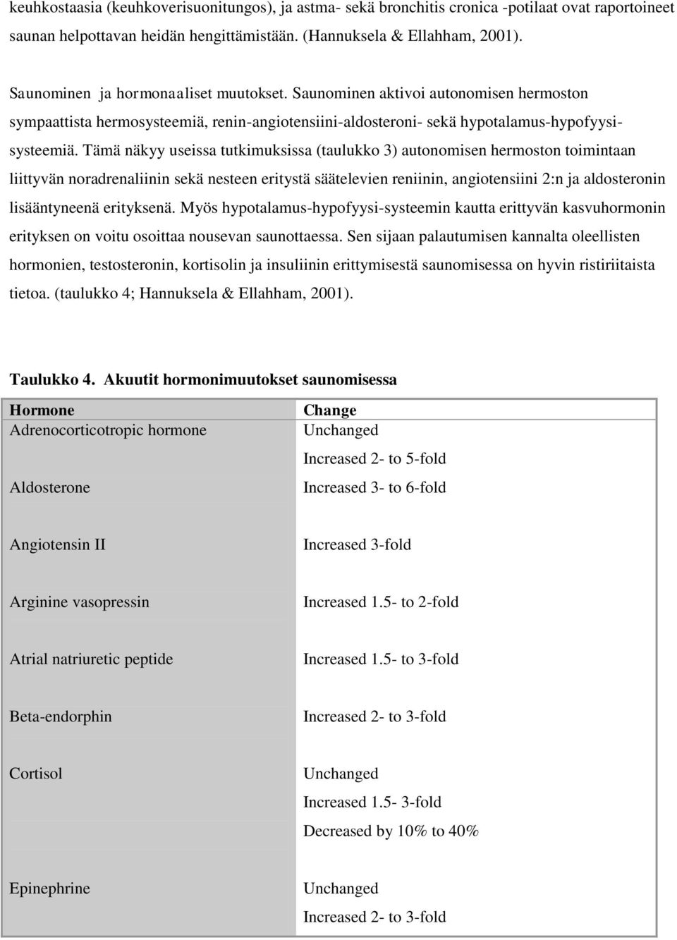 Tämä näkyy useissa tutkimuksissa (taulukko 3) autonomisen hermoston toimintaan liittyvän noradrenaliinin sekä nesteen eritystä säätelevien reniinin, angiotensiini 2:n ja aldosteronin lisääntyneenä
