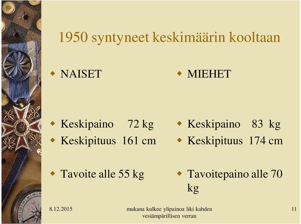 Keskipituus 174 cm Tavoite alle 55 kg Tavoitepaino alle 70