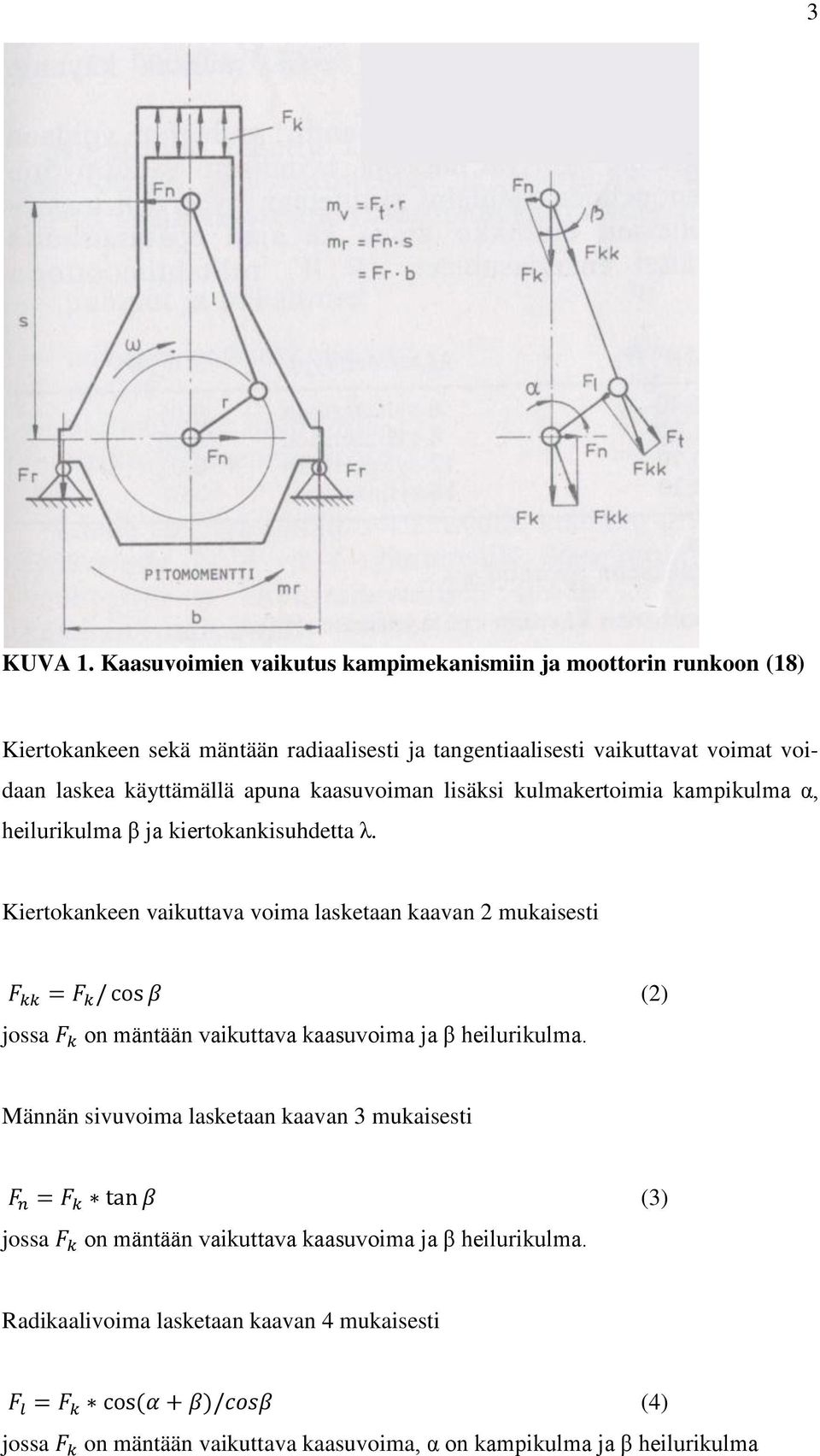laskea käyttämällä apuna kaasuvoiman lisäksi kulmakertoimia kampikulma α, heilurikulma β ja kiertokankisuhdetta λ.