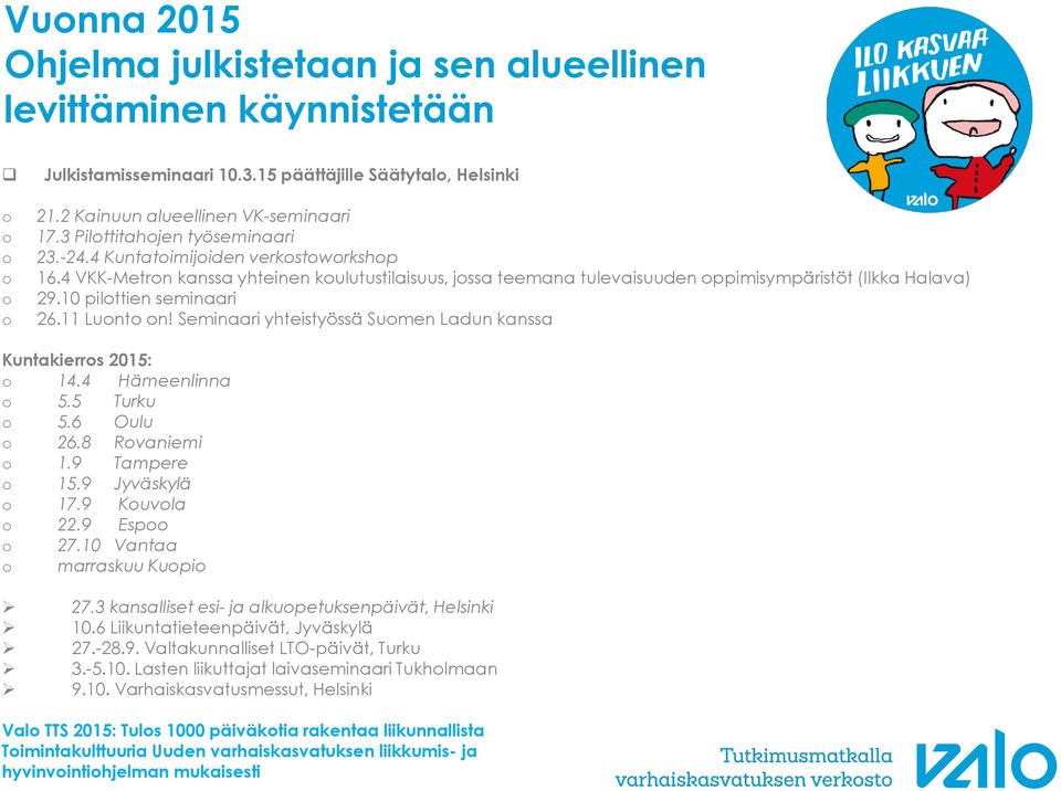 10 pilottien seminaari 26.11 Luonto on! Seminaari yhteistyössä Suomen Ladun kanssa Kuntakierros 2015: o 14.4 Hämeenlinna o 5.5 Turku o 5.6 Oulu o 26.8 Rovaniemi o 1.9 Tampere o 15.9 Jyväskylä o 17.