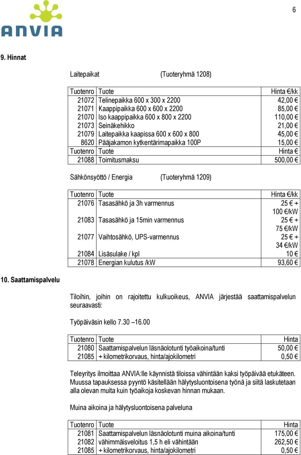 21076 Tasasähkö ja 3h varmennus 25 + 100 /kw 21083 Tasasähkö ja 15min varmennus 25 + 75 /kw 21077 Vaihtosähkö, UPS-varmennus 25 + 34 /kw 21084 Lisäsulake / kpl 10 21078 Energian kulutus /kw 93,60 10.