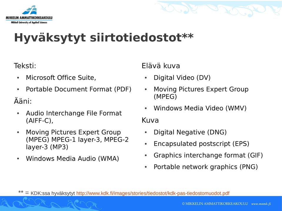 Video (DV) Moving Pictures Expert Group (MPEG) Windows Media Video (WMV) Digital Negative (DNG) Encapsulated postscript (EPS) Graphics