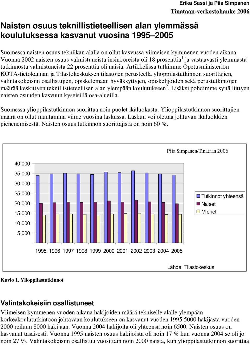 Artikkelissa tutkimme Opetusministeriön KOTA-tietokannan ja Tilastokeskuksen tilastojen perusteella ylioppilastutkinnon suorittajien, valintakokeisiin osallistujien, opiskelemaan hyväksyttyjen,