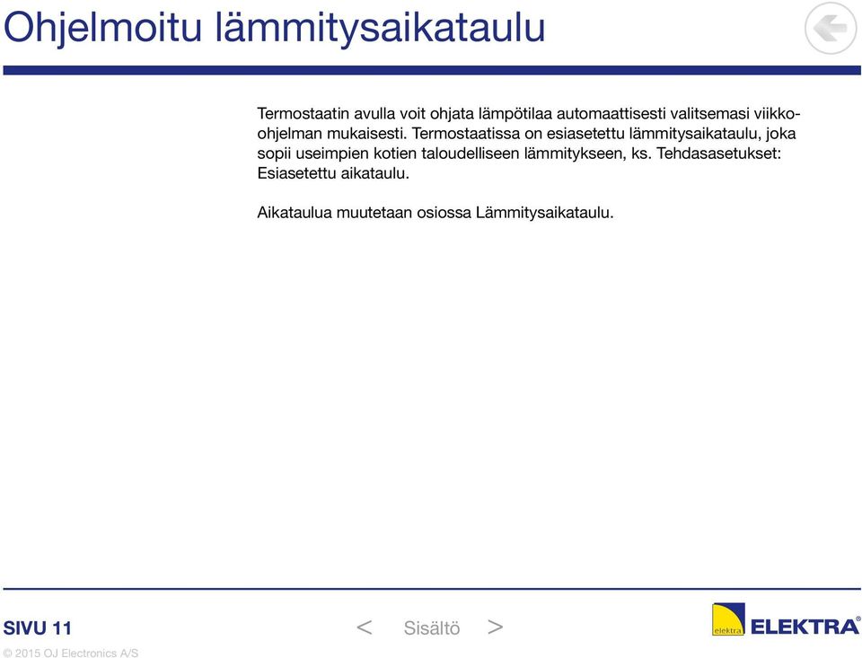 Termostaatissa on esiasetettu lämmitysaikataulu, joka sopii useimpien kotien