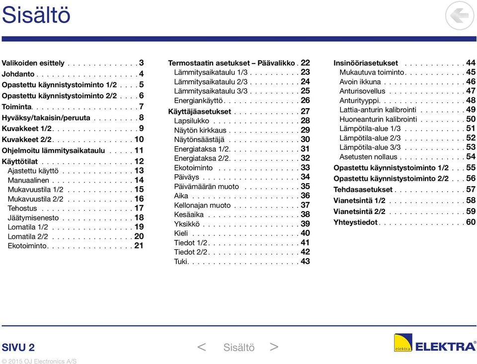 ...............14 Mukavuustila 1/2............. 15 Mukavuustila 2/2............. 16 Tehostus.................. 17 Jäätymisenesto.............. 18 Lomatila 1/2................ 19 Lomatila 2/2.