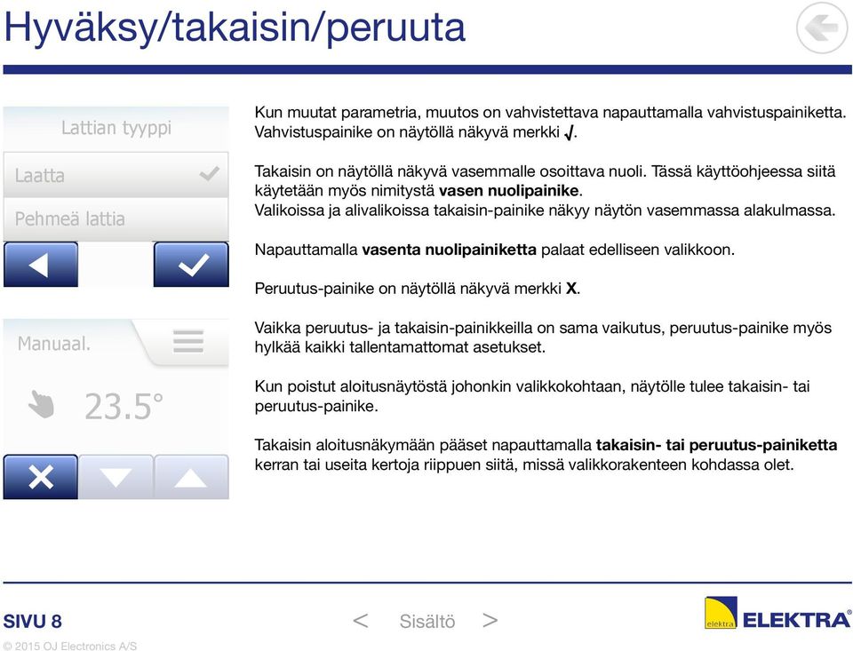 Valikoissa ja alivalikoissa takaisin-painike näkyy näytön vasemmassa alakulmassa. Napauttamalla vasenta nuolipainiketta palaat edelliseen valikkoon. Peruutus-painike on näytöllä näkyvä merkki X.