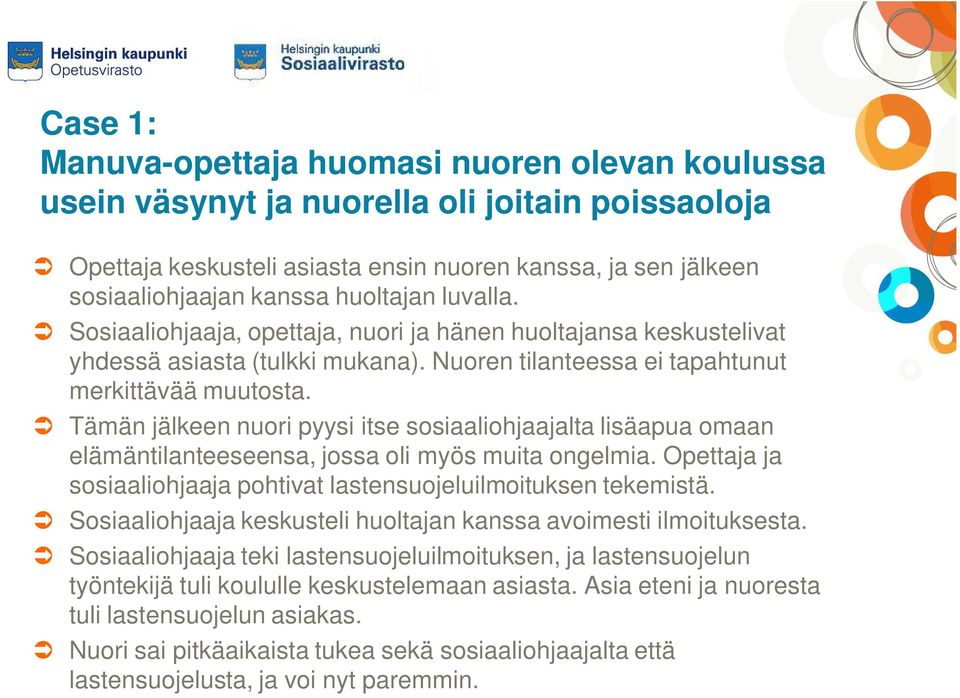 Tämän jälkeen nuori pyysi itse sosiaaliohjaajalta lisäapua omaan elämäntilanteeseensa, jossa oli myös muita ongelmia. Opettaja ja sosiaaliohjaaja pohtivat lastensuojeluilmoituksen tekemistä.