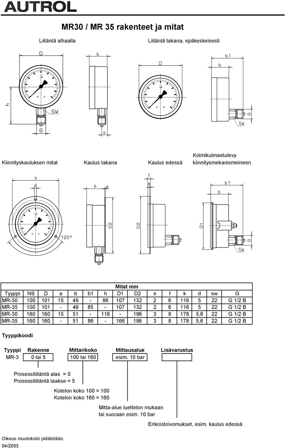 1/2 B MR-35 160 160-51 86-166 196 3 8 178 5,6 22 G 1/2 B Tyyppikoodi Tyyppi Rakenne Mittarikoko Mittausalue Lisävarustus MR-3 0 tai 5 100 tai 160 esim.