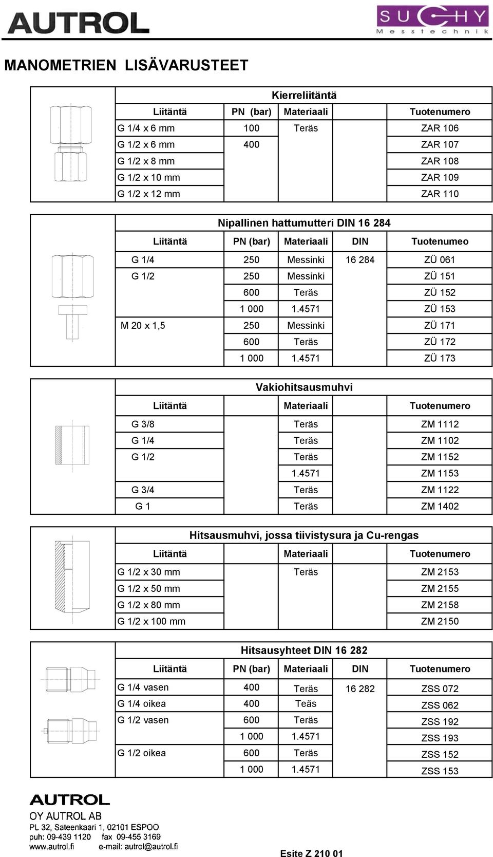 4571 ZÜ 153 M 20 x 1,5 250 Messinki ZÜ 171 600 Teräs ZÜ 172 1 000 1.4571 ZÜ 173 Vakiohitsausmuhvi Liitäntä Materiaali Tuotenumero G 3/8 Teräs ZM 1112 G 1/4 Teräs ZM 1102 G 1/2 Teräs ZM 1152 1.