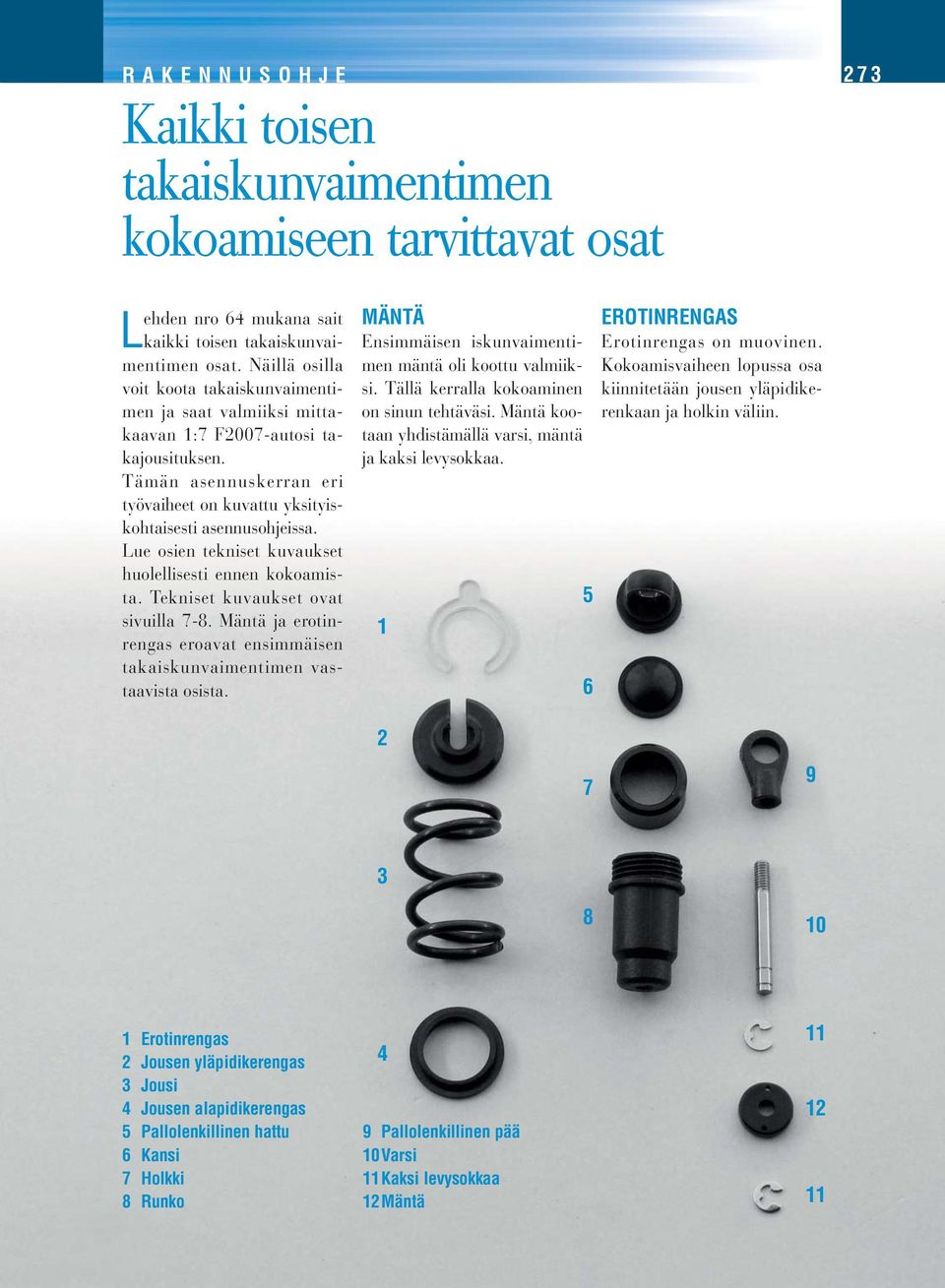 Lue osien tekniset kuvaukset huolellisesti ennen kokoamista. Tekniset kuvaukset ovat sivuilla 7-8. Mäntä ja erotinrengas eroavat ensimmäisen takaiskunvaimentimen vastaavista osista.