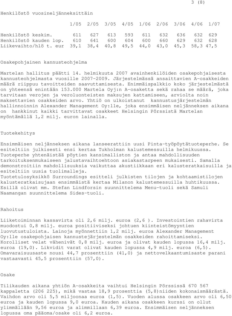 helmikuuta 2007 avainhenkilöiden osakepohjaisesta kannusteohjelmasta vuosille 2007-2009. Järjestelmässä ansaittavien A-osakkeiden määrä riippuu tavoitteiden saavuttamisesta.