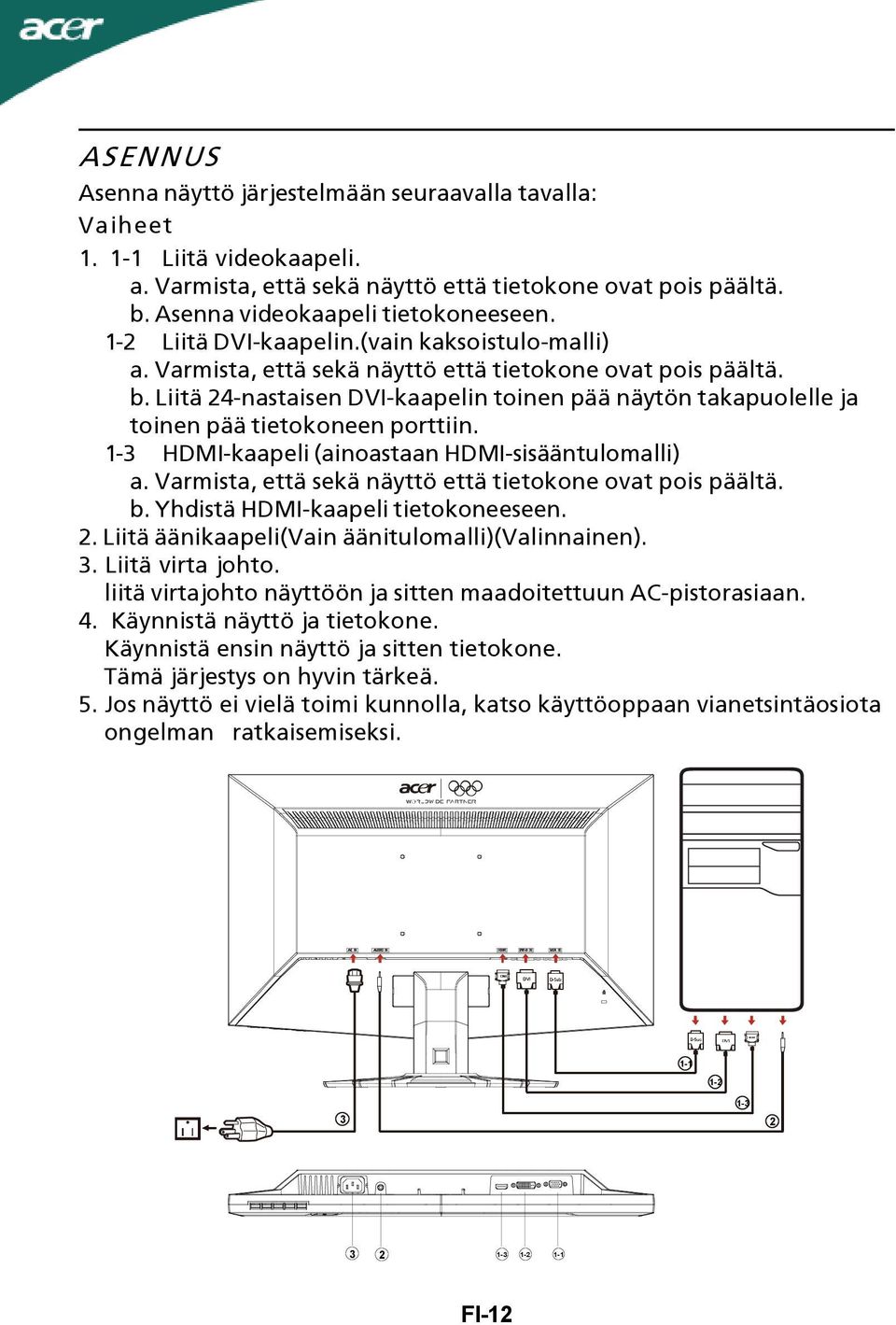 Liitä 24-nastaisen DVI-kaapelin toinen pää näytön takapuolelle ja toinen pää tietokoneen porttiin. 1-3 HDMI-kaapeli (ainoastaan HDMI-sisääntulomalli) a.