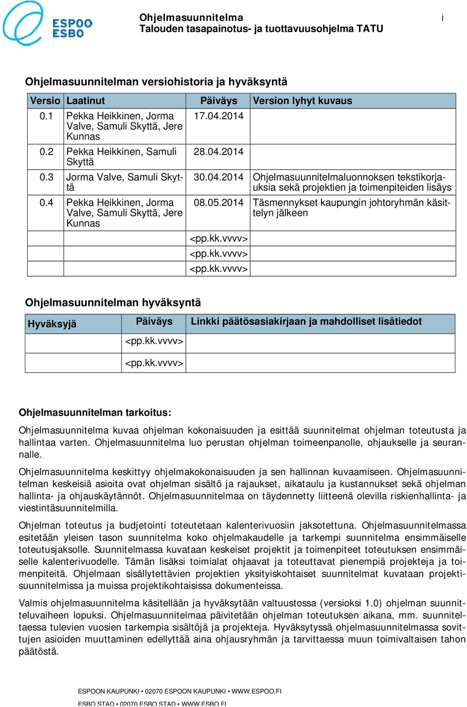 2014 28.04.2014 30.04.2014 Ohjelmasuunnitelmaluonnoksen tekstikorjauksia sekä projektien ja toimenpiteiden lisäys 08.05.2014 Täsmennykset kaupungin johtoryhmän käsittelyn jälkeen <pp.kk.