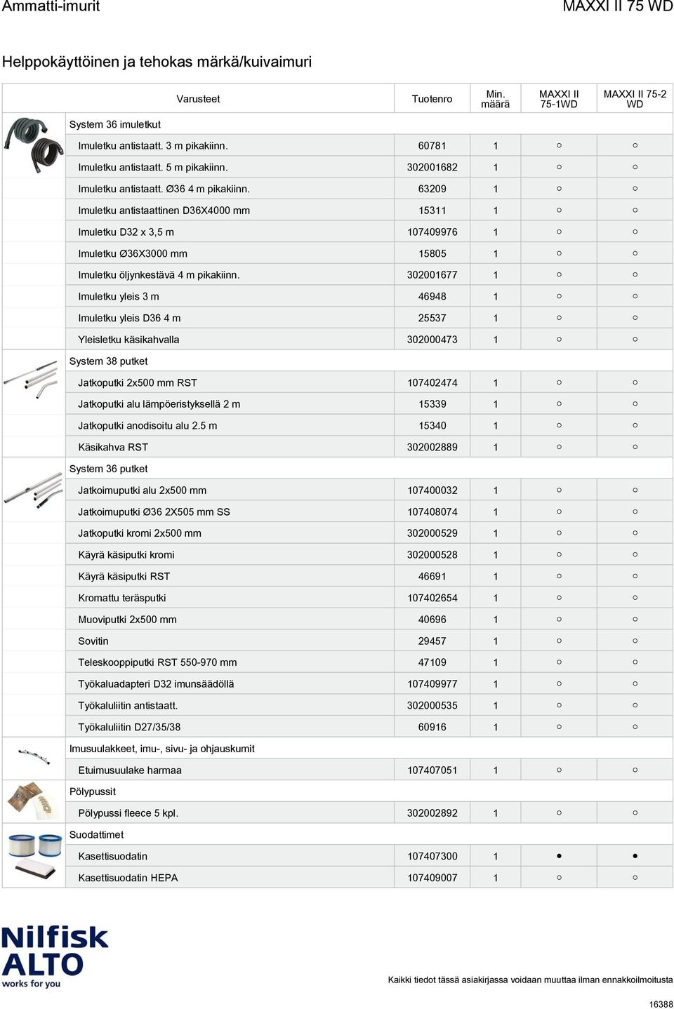 302001677 1 Imuletku yleis 3 m 46948 1 Imuletku yleis D36 4 m 25537 1 Yleisletku käsikahvalla 302000473 1 System 38 putket Jatkoputki 2x500 mm RST 107402474 1 Jatkoputki alu lämpöeristyksellä 2 m