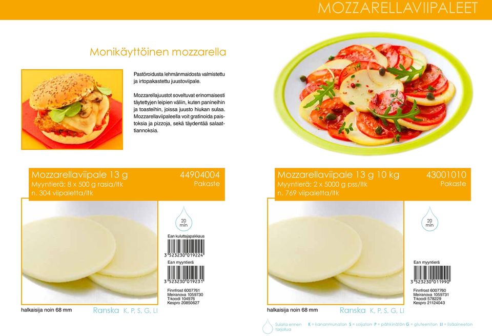 Mozzarellaviipaleella voit gratinoida paistoksia ja pizzoja, sekä täydentää salaattiannoksia. Mozzarellaviipale 13 g 44904004 Myyntierä: 8 x 500 g rasia/ltk n.
