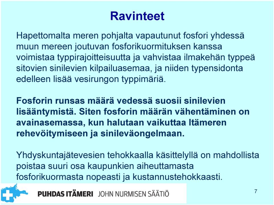 Fosforin runsas määrä vedessä suosii sinilevien lisääntymistä.